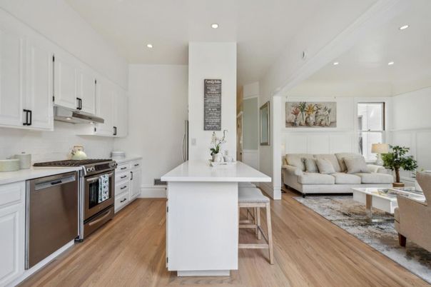 Interior, Kitchen, Living room, Recessed Lighting, Stainless Steel Appliances, Wood Texture Flooring