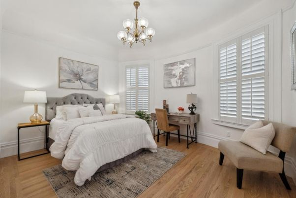 Bedroom, Chandelier, Home Office, Interior, Wood Texture Flooring