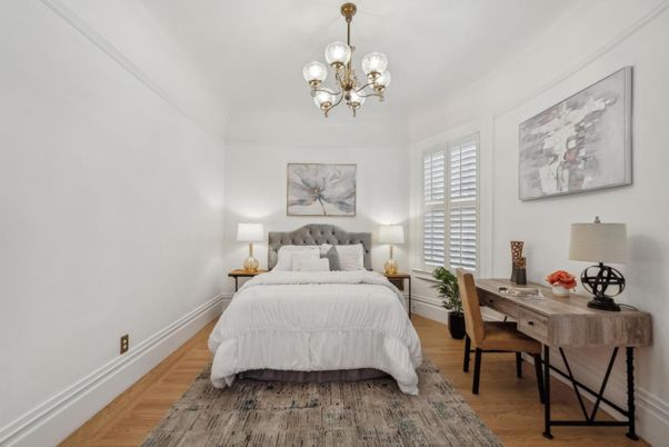 Bedroom, Chandelier, Home Office, Interior, Wood Texture Flooring