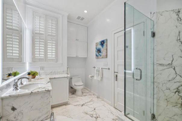 Bathroom, Glass Shower, Interior, Marble, Marble Walls, Recessed Lighting