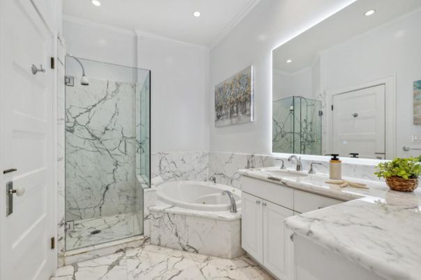 Bathroom, Glass Shower, Interior, Marble, Marble Walls, Recessed Lighting