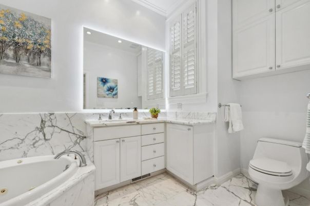 Bathroom, Dual Sink Vanities, Interior, Marble, Marble Walls, Recessed Lighting