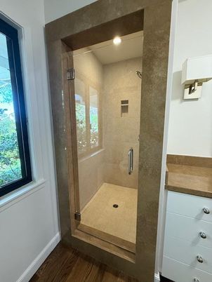 Bathroom, Glass Shower, Interior, Recessed Lighting, Wood Texture Flooring