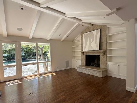 Empty room, Fireplace, Interior, Recessed Lighting, Wood Texture Flooring