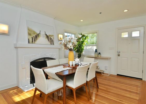 Dining room, Fireplace, Interior, Recessed Lighting, Wood Texture Flooring