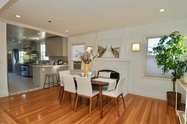 Dining room, Fireplace, Interior, Kitchen, Recessed Lighting, Wood Texture Flooring