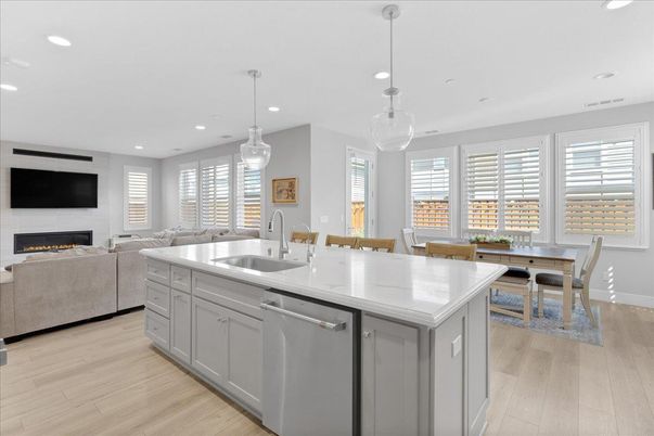 Dining room, Fireplace, Interior, Kitchen, Living room, Pendant Lights, Recessed Lighting, Wood Texture Flooring