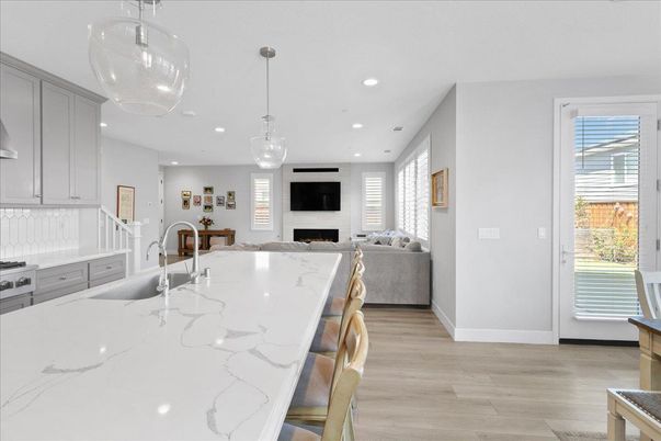 Fireplace, Interior, Kitchen, Living room, Pendant Lights, Recessed Lighting, Wood Texture Flooring