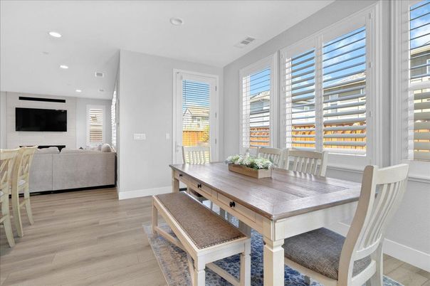 Dining room, Interior, Living room, Recessed Lighting, Wood Texture Flooring