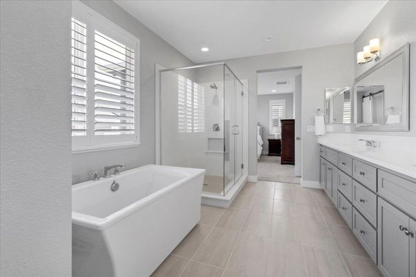 Bathroom, Dual Sink Vanities, Free Standing Baths, Glass Shower, Interior, Recessed Lighting