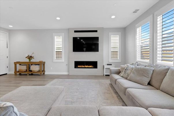 Fireplace, Interior, Living room, Recessed Lighting, Wood Texture Flooring