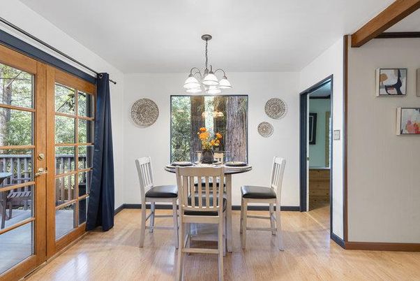 Dining room, Interior, Pendant Lights, Wood Texture Flooring