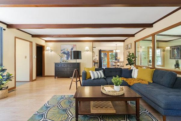 Dining room, Interior, Living room, Pendant Lights, Wooden Beams, Wood Texture Flooring