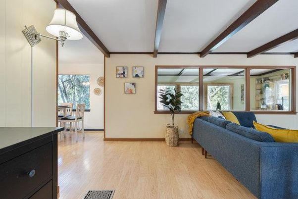 Dining room, Interior, Living room, Pendant Lights, Wooden Beams, Wood Texture Flooring