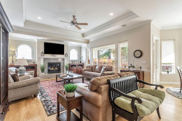 Fireplace, Interior, Living room, Recessed Lighting, Wood Texture Flooring
