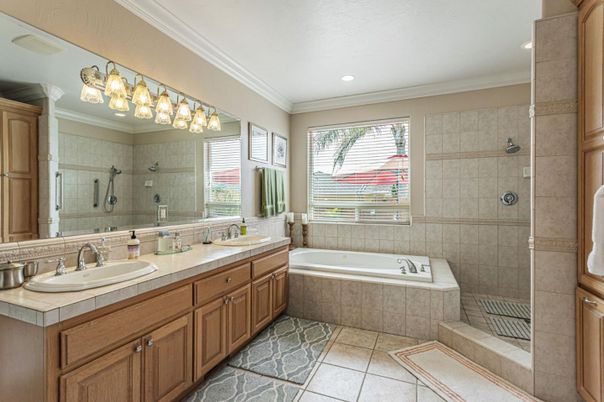 Bathroom, Dual Sink Vanities, Interior, Recessed Lighting, Tile Countertops