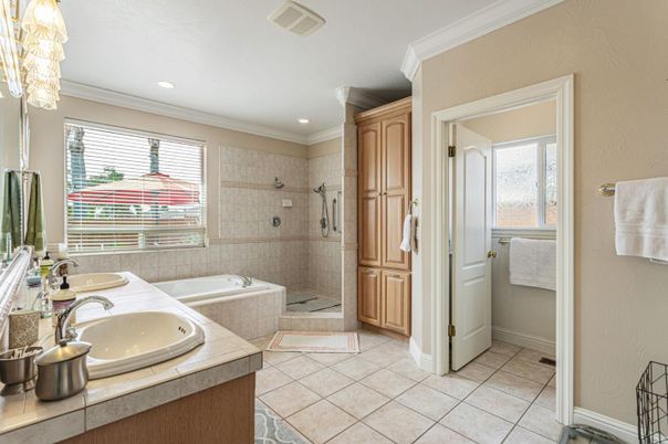 Bathroom, Dual Sink Vanities, Glass Shower, Interior, Recessed Lighting, Tile Countertops
