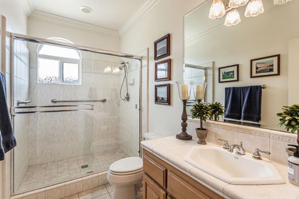 Bathroom, Glass Shower, Interior, Recessed Lighting, Tile Countertops