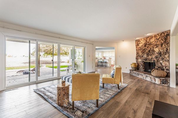Fireplace, Interior, Recessed Lighting, Stone Walls, Wood Texture Flooring