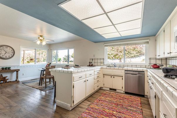 Interior, Kitchen, Tile Countertops, Wood Texture Flooring