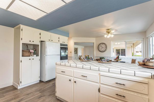 Interior, Kitchen, Tile Countertops, Wood Texture Flooring