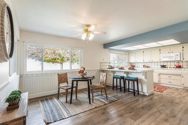 Dining room, Interior, Kitchen, Tile Countertops, Wood Texture Flooring