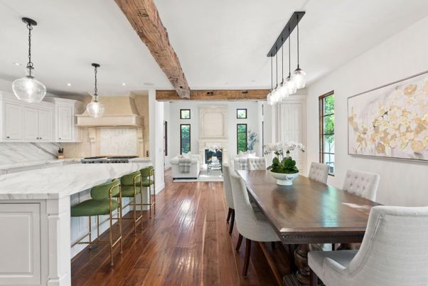 Dining room, Fireplace, Interior, Kitchen, Living room, Pendant Lights, Recessed Lighting, Stainless Steel Appliances, Wooden Beams, Wood Texture Flooring
