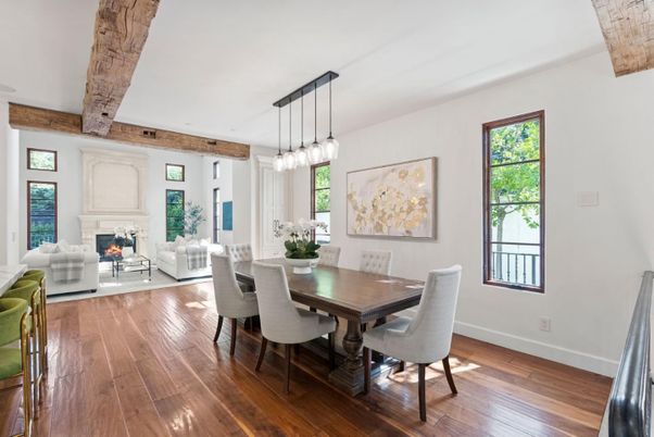 Dining room, Fireplace, Interior, Living room, Pendant Lights, Wooden Beams, Wood Texture Flooring