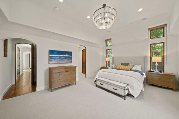 Bedroom, Chandelier, Interior, Recessed Lighting, Wood Texture Flooring