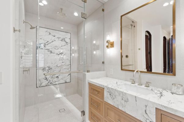 Bathroom, Glass Shower, Interior, Marble Walls, Recessed Lighting