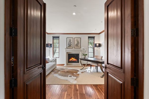 Fireplace, Home Office, Interior, Recessed Lighting, Wood Texture Flooring