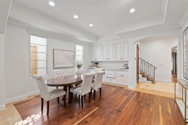 Dining room, Interior, Kitchen, Recessed Lighting, Wood Texture Flooring