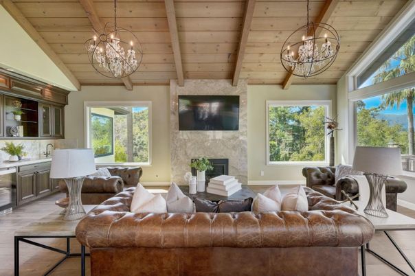 Chandelier, Fireplace, Interior, Living room, Pendant Lights, Stone Walls, Wooden Beams, Wooden Ceilings, Wood Texture Flooring