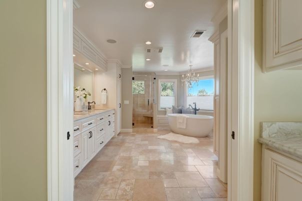 Bathroom, Chandelier, Dual Sink Vanities, Free Standing Baths, Interior, Recessed Lighting