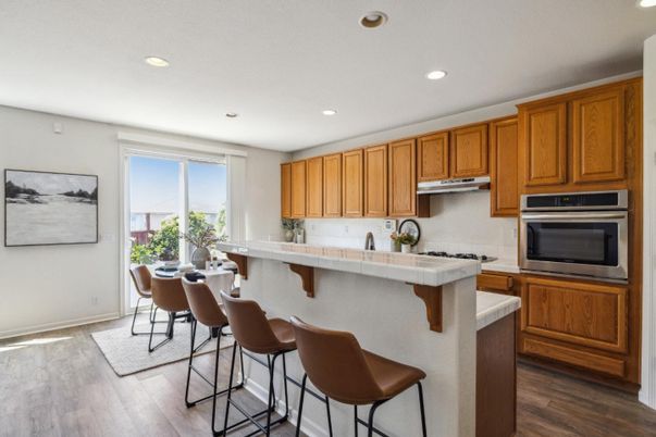 Dining room, Interior, Kitchen, Recessed Lighting, Tile Countertops, Wood Texture Flooring