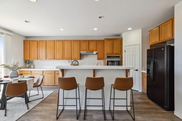 Dining room, Interior, Kitchen, Recessed Lighting, Stainless Steel Appliances, Wood Texture Flooring