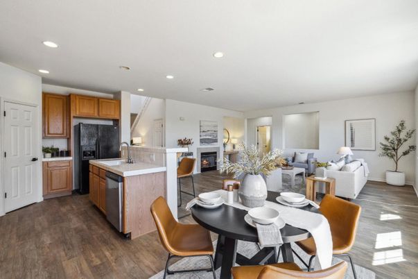Dining room, Fireplace, Interior, Kitchen, Living room, Recessed Lighting, Wood Texture Flooring