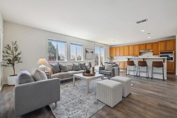 Interior, Kitchen, Living room, Recessed Lighting, Stainless Steel Appliances, Wood Texture Flooring