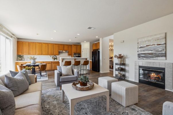 Dining room, Fireplace, Interior, Kitchen, Living room, Recessed Lighting, Stainless Steel Appliances, Wood Texture Flooring