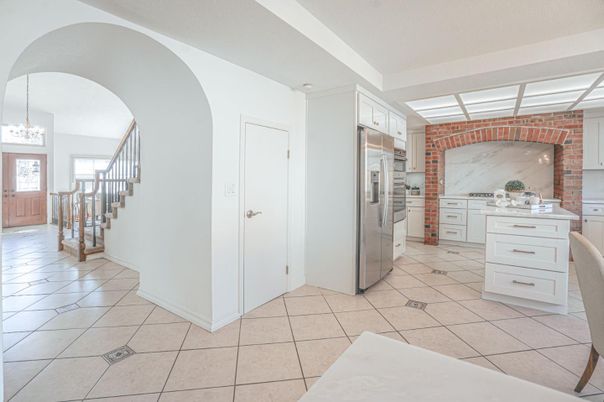 Interior, Kitchen, Pendant Lights, Stainless Steel Appliances, Stone Walls