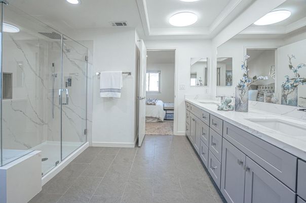Bathroom, Dual Sink Vanities, Glass Shower, Interior, Marble Walls, Recessed Lighting