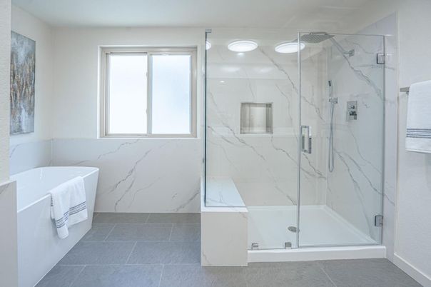 Bathroom, Free Standing Baths, Glass Shower, Interior, Marble Walls