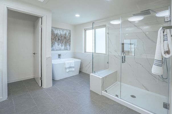 Bathroom, Free Standing Baths, Glass Shower, Interior, Marble Walls, Recessed Lighting