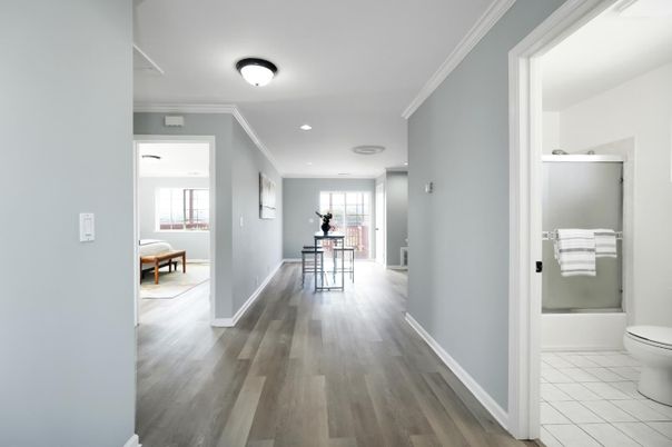 Bathroom, Interior, Recessed Lighting, Wood Texture Flooring
