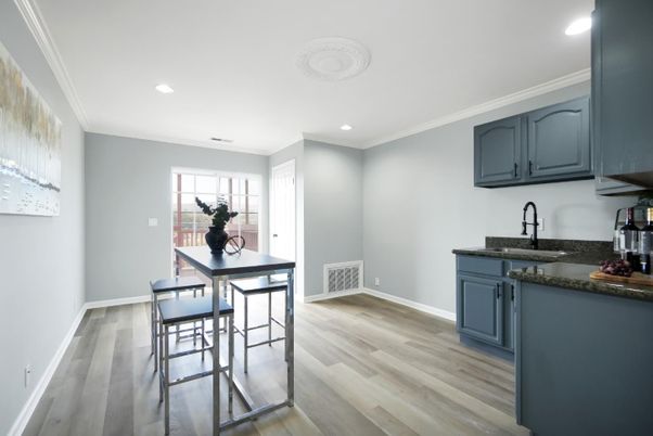 Dining room, Interior, Recessed Lighting, Wood Texture Flooring