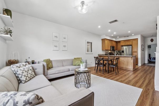Dining room, Interior, Kitchen, Living room, Recessed Lighting, Stainless Steel Appliances, Wood Texture Flooring