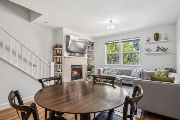 Dining room, Fireplace, Interior, Living room, Wood Texture Flooring