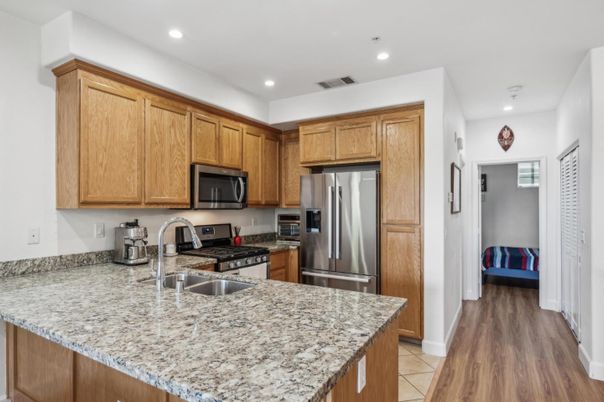 Interior, Kitchen, Recessed Lighting, Stainless Steel Appliances, Wood Texture Flooring