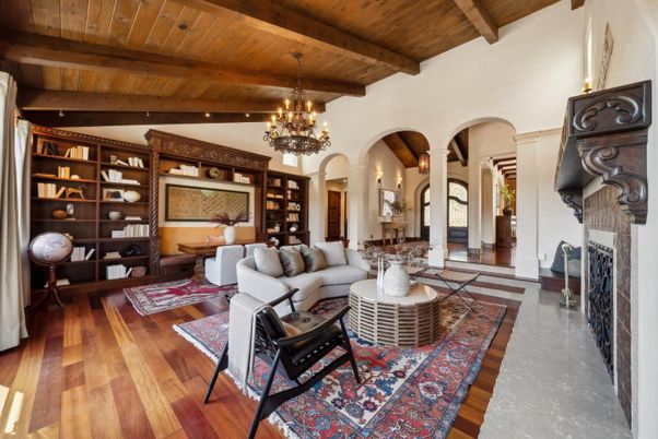 Chandelier, Fireplace, Interior, Living room, Wooden Beams, Wooden Ceilings, Wood Texture Flooring