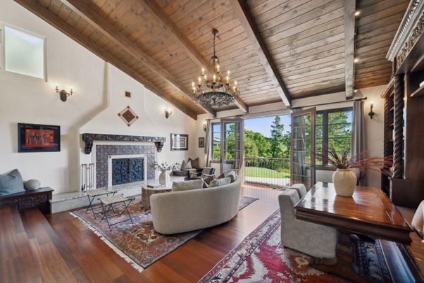Chandelier, Fireplace, Interior, Living room, Wooden Beams, Wooden Ceilings, Wood Texture Flooring